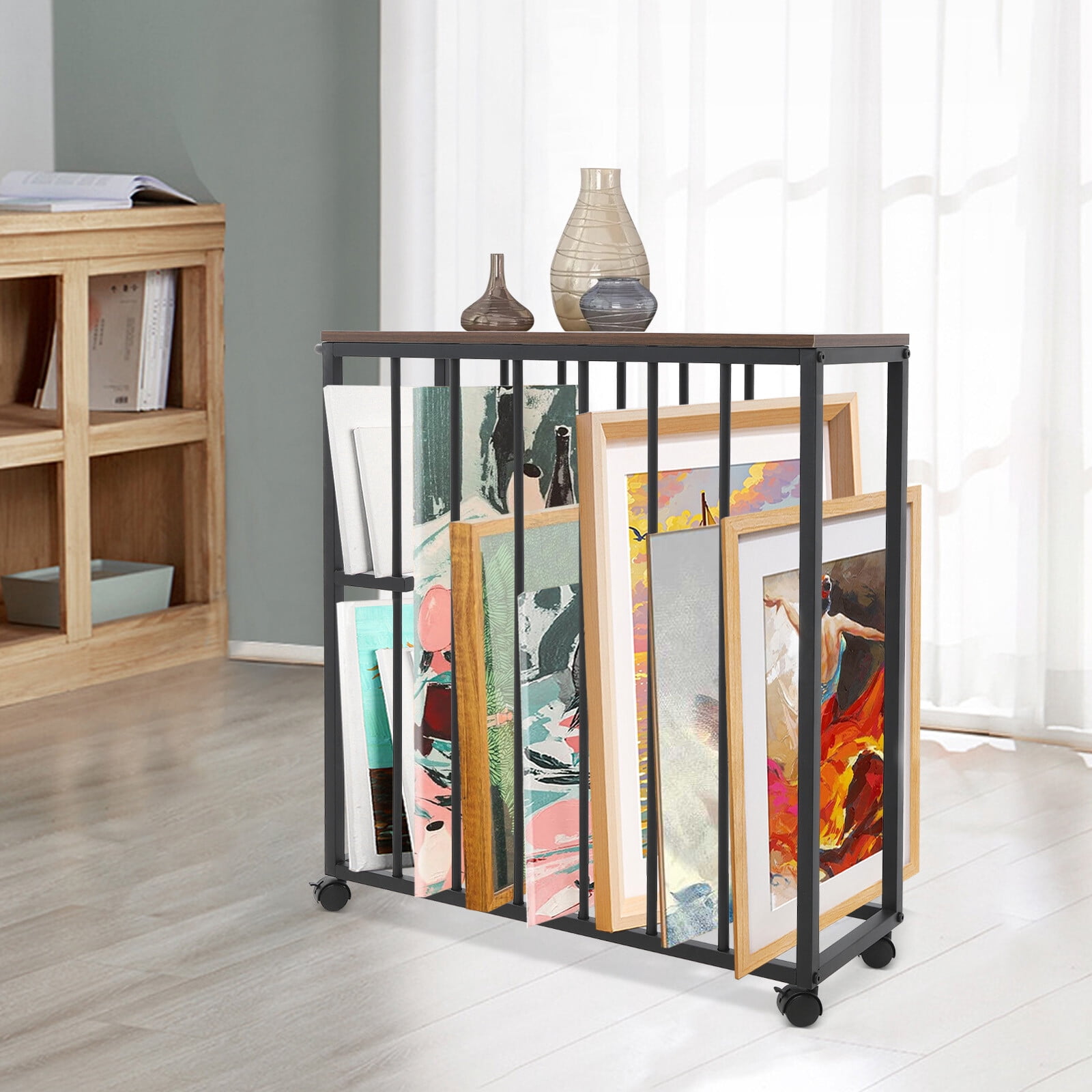 Black Painting Drying Rack Art Storage Rack Art Easel Display Stand w/ 4 Universal Wheels
