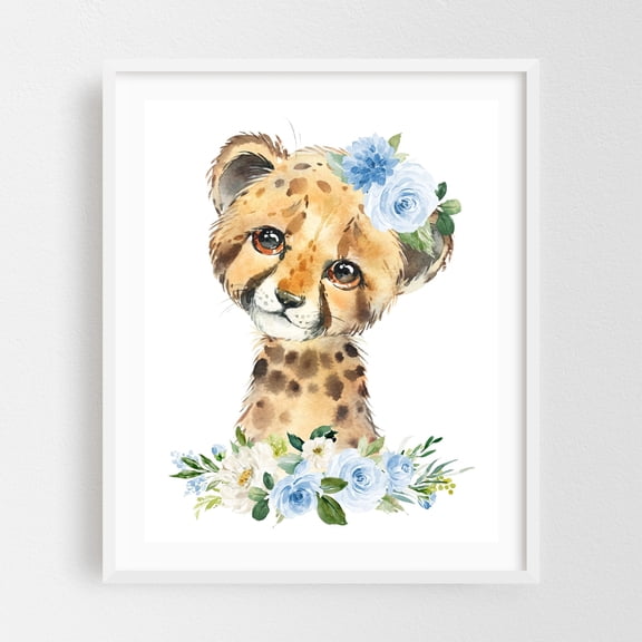 Cheetah, Jungle Animals, Safari Animals, Blue Flowers, Boy Nursery - Illustration Animal Watercolor Floral Wildlife Whimsical White Framed Wall Art Print 11 x 14 inches