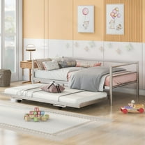 Twin Size Metal Daybed with Adjustable Trundle - Heavy-Duty Steel Daybed with Pop Up Trundle Bed - Silver