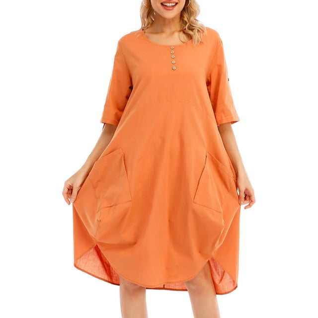 Vestido de túnica de mujer enrollado de manga corta cómodos bolsillos de algodón dobladillo irregula Abanopi Amarillo/Pequeña