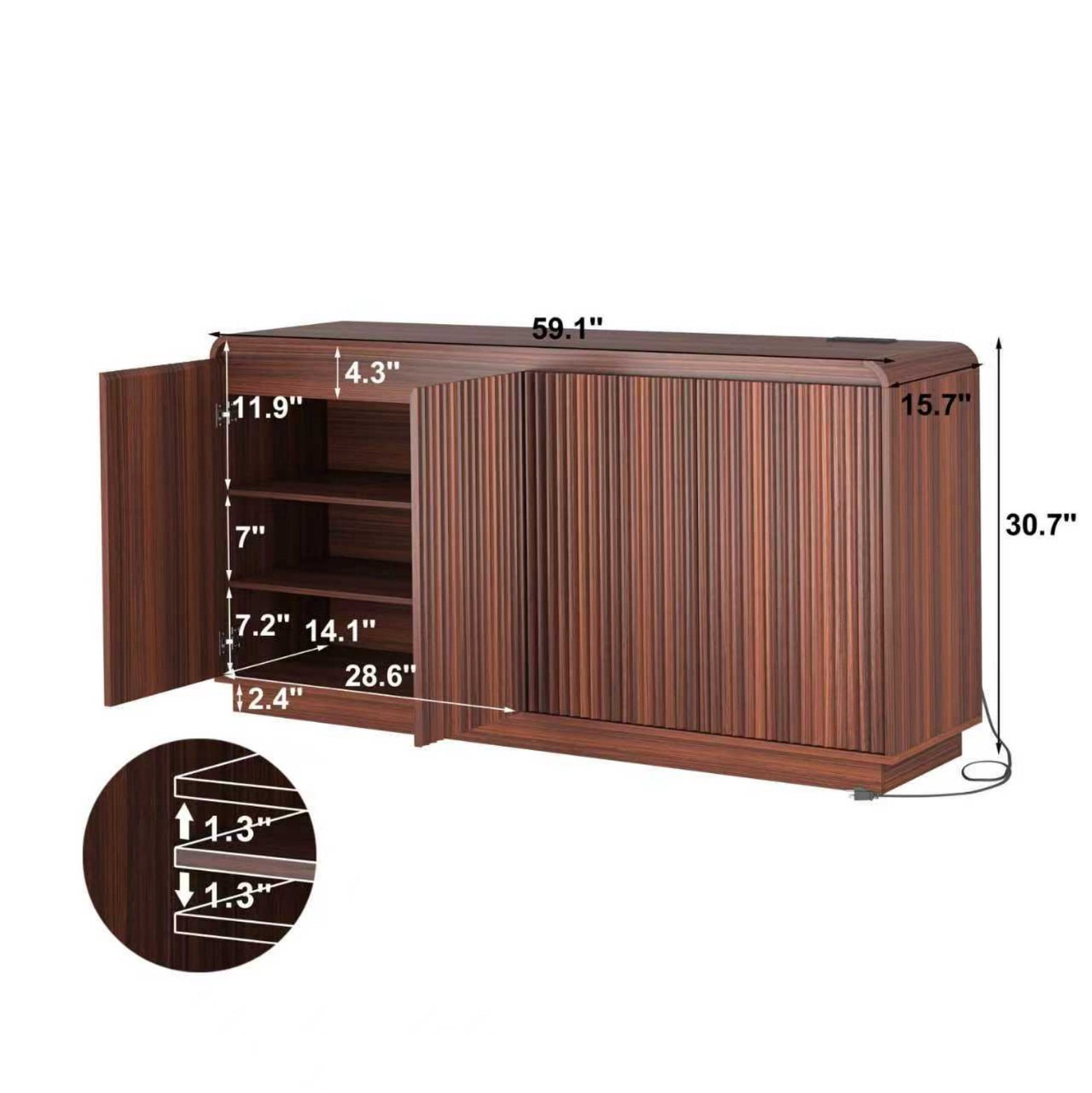 59" Walnut Fluted TV Stand with Power Outlet, Modern Handleless Media Console with Adjustable Storage, Entertainment Center for Living Room, Walnut