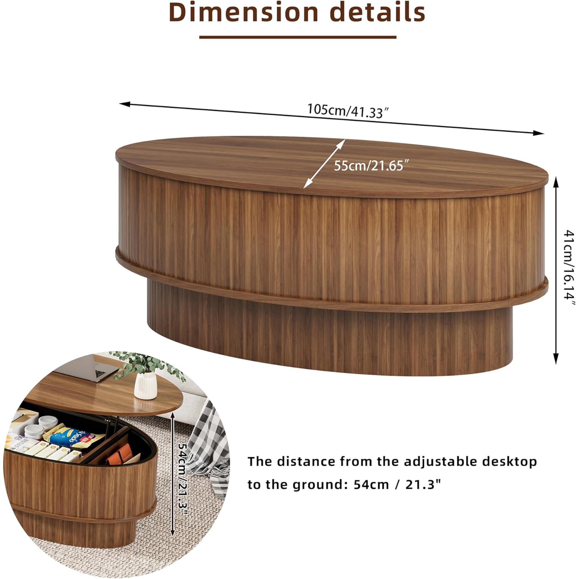 Lift Top Coffee Table with Storage, Mid Century Modern Coffee Table for Living Room, Oval Center Table for Small Space, Walnut