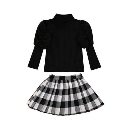 

SANNEDONG 2 Pcs Girls Christmas Outfits Solid Color Puff Sleeve High Collar Pullover + Plaid Pleated Skirt