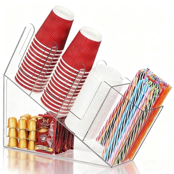 IWNTWY Cup and Lid Holder with Straw Organizer, 5 Compartment Acrylic Disposable Coffee Cup Dispenser for Coffee Station, Bar Restaurant