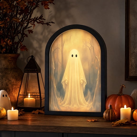 Halloween Ghost Mirror with LED Light, Arched Gothic Forest Picture Frame for Tabletop Wall Decor, Warm Backlit Spooky Canvas for Home Dining Room Mantel Party Decoration