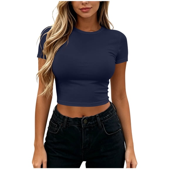 KyCheLot Women's Crew Neck T-Shirts Summer Short Sleeve Solid Color Pullover Blouses Fitted Comfy Beach T-Shirts