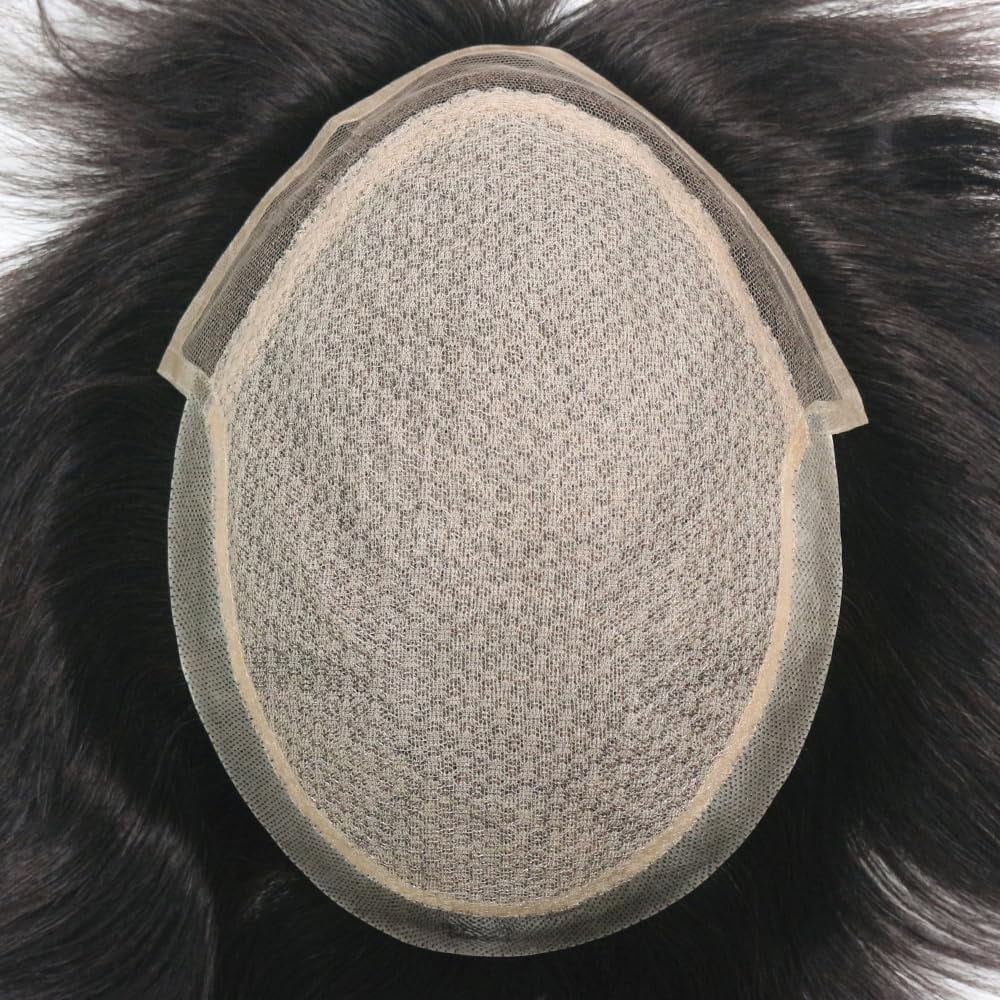 Breathable Silk Top Center with French Lace Front Mens Toupee Hair Replacement Human Hair System Natural Black Wig Straight