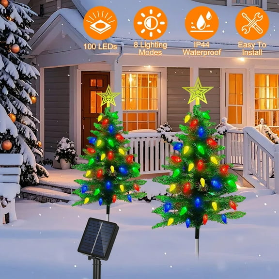 Moclever 2Pcs 37.4in Height Solar Christmas Tree, Outdoor Pathway Stake Light with 100 Colorful LED Beads 8 Lighting Modes IP44 Waterproof for Xmas Decoration