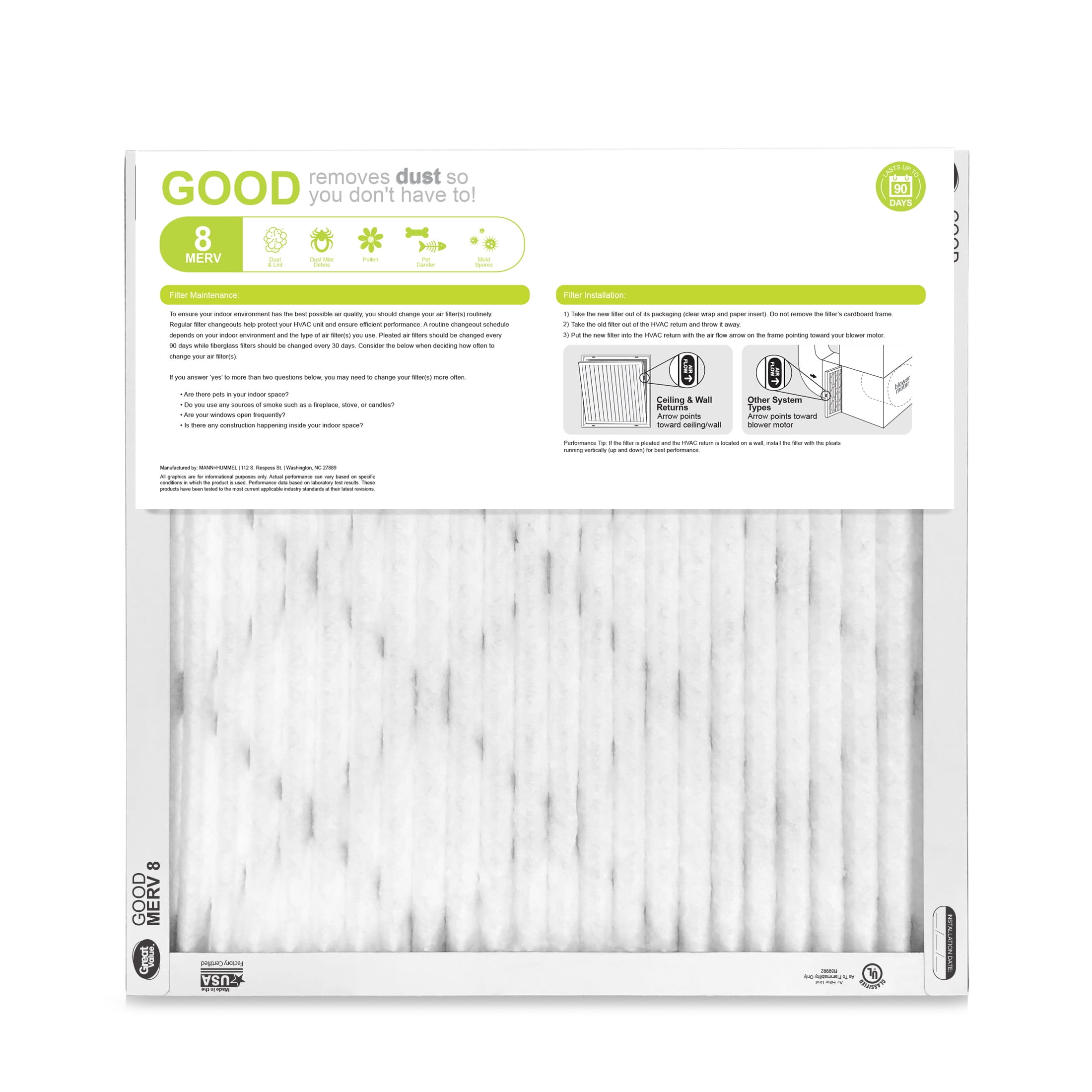 Great Value, 20x20x1, MERV 8 GOOD HVAC Air and Furnace Filter, Captures Dust, 4 Filters