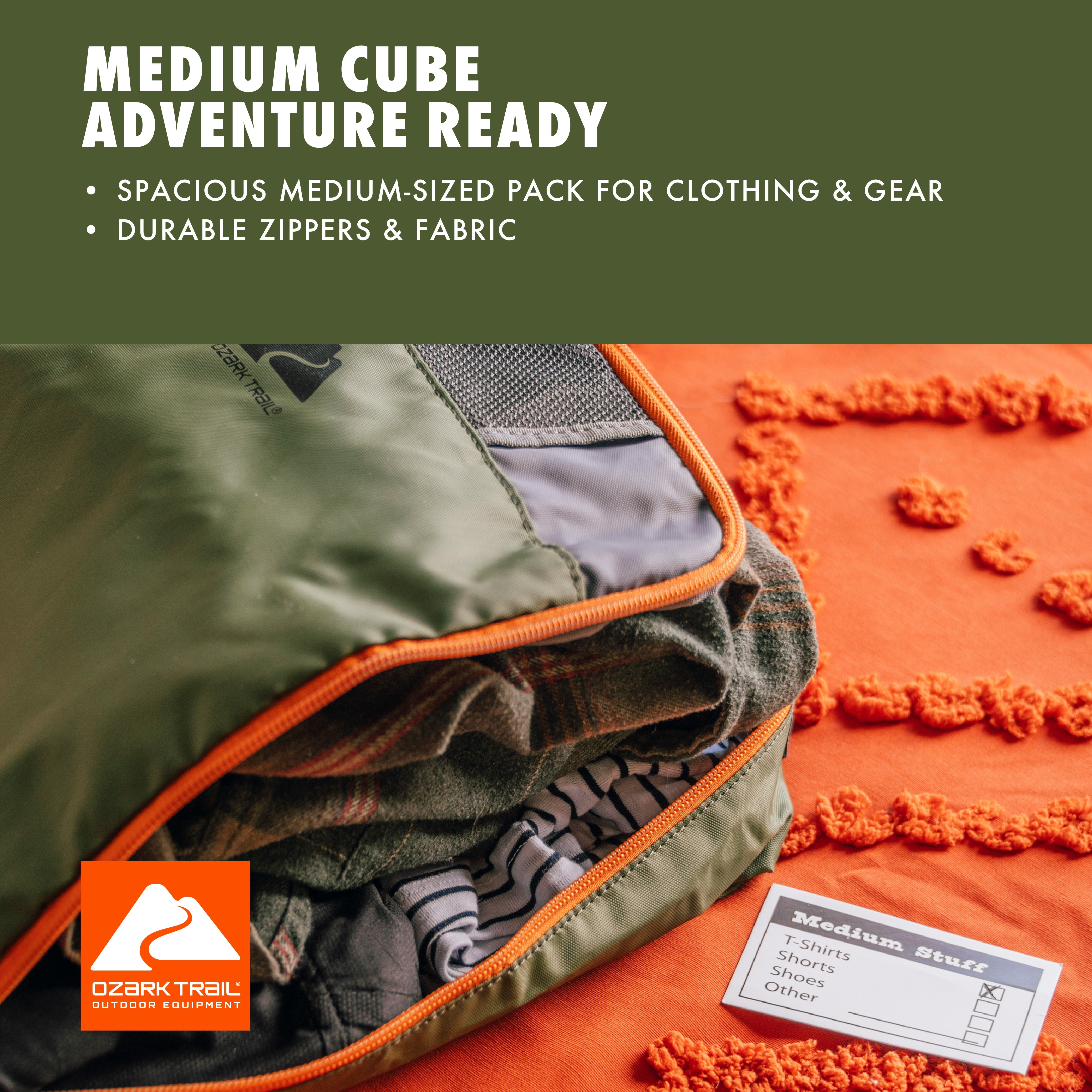 Ozark Trail Set of 3 Non-structured Polyester Camping Organizer Cubes, Various Sizes, Orange, Grey, & Green