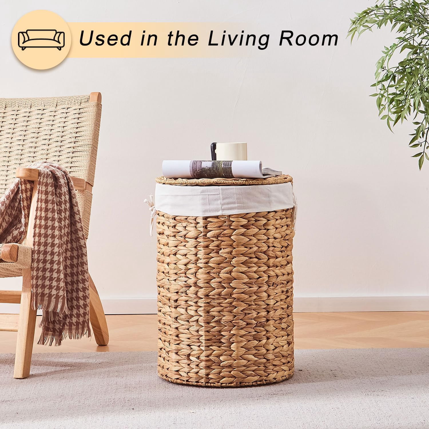 Casa Pura Furniture Handwoven Water Hyacinth Laundry Hamper with Lid, 60L Wicker Storage Basket with Handles for Home Organization, Bedroom Bathroom Use