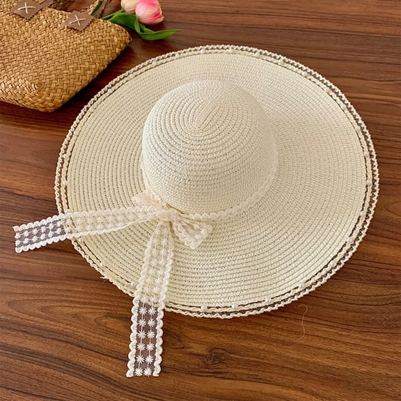 Elegant Lace Ribbon Sun Hat - Stylish Ladies' Wide Brim Straw Hat with Frayed Edges,Perfect for Beach&Outdoor Travel White One Size