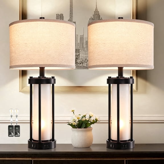 RORIA 24"Modern Living Room Table Lamps Set of 2, with Dual USB-C&A Charging Ports, Built-in Frosted White Glass Night Light, Black Retro Country Farmhouse Style, for Bedroom Bedside Lamps