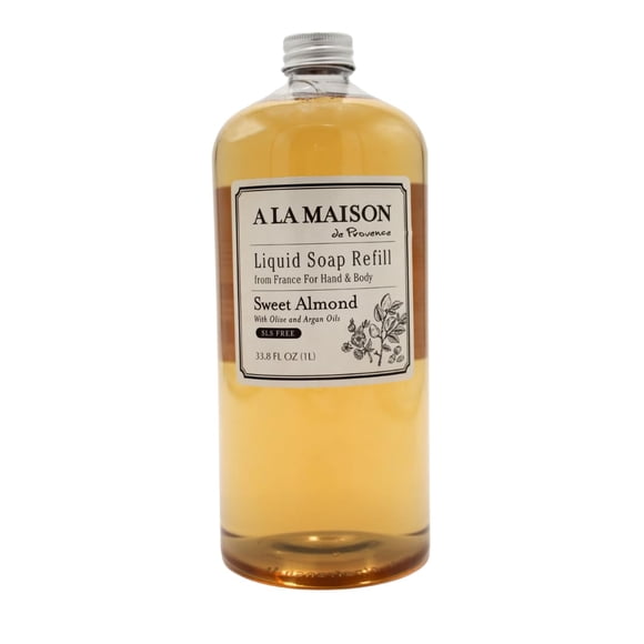 A LA MAISON Jabón de manos natural de almendras dulces hecho con aceites esenciales, biodegradable a base de plantas, vegano, sin crueldad (recambio de 33,8 onzas líquidas, 1 paquete)