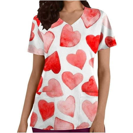

Scrub Tops for Women Short Sleeve Casual V Neck Love Heart Print Working Uniform Blouse Comfortable Durable Scrub Shirt with Pockets