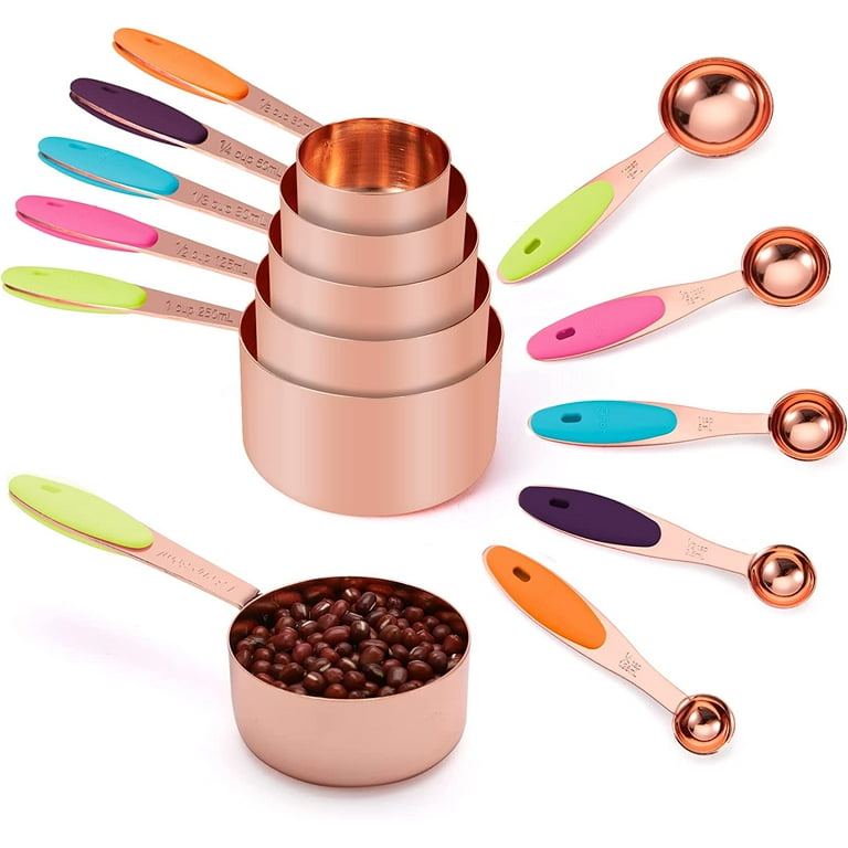 Copper Measuring Cups and Spoons Set of 10 Piece, Stainless Steel Nesting  Measuring Cup Set with Soft Touch Silicone Handles for Dry and Liquid  Ingredients 