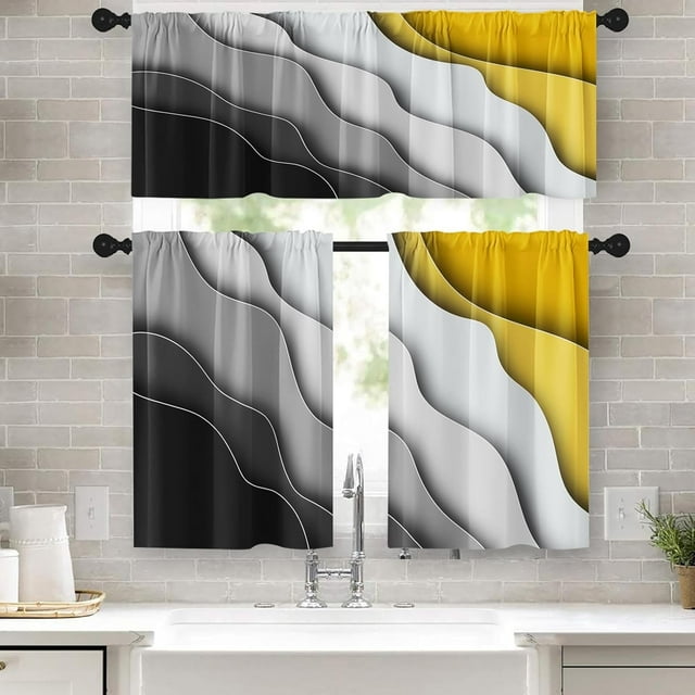 36 Kitchen Curtains Abstract Black White and Yellow Window Curtains and Valances Set of 3 Modern Art Background Short Tier Curtain Vintage Small Kitchen Decor