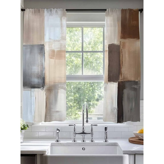 Brown Beige Color Blocks Sheer Curtains for Living Room Bedroom Abstract Oil Painting Art Sheer Curtains 63 Inch Long 2 Panels Set Light Filtering Curtain Window Treatments Drapes for Dining Room