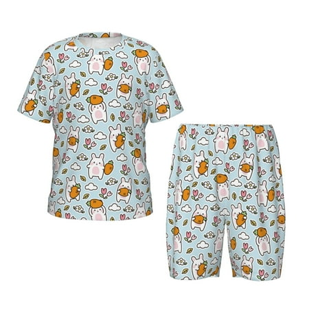 Luyuia Cute Rabbit Hold Carrot Print Girls  2-Piece Tie-Dye Pajama Set  Cute Summer Loungewear with Shirt and Tank Shorts Nightwear-X-Large