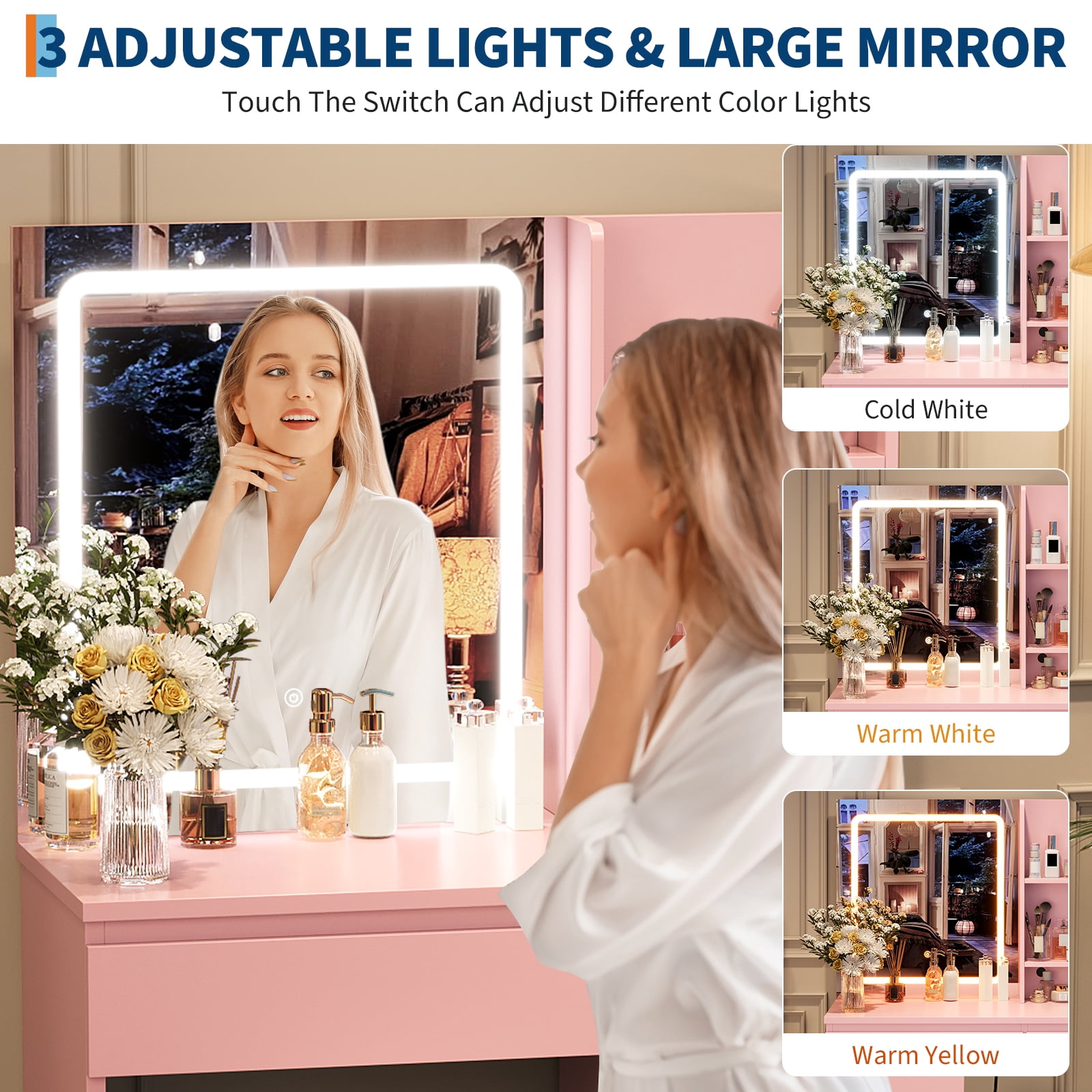 M optimized Vanity Desk with Mirror and Lights - Modern Makeup Dressing Table with Outlets, Storage Stool, 4 Drawers & Hair Dryer Holder - 3 Colors LED Vanity Mirror, Vanities for Bedroom