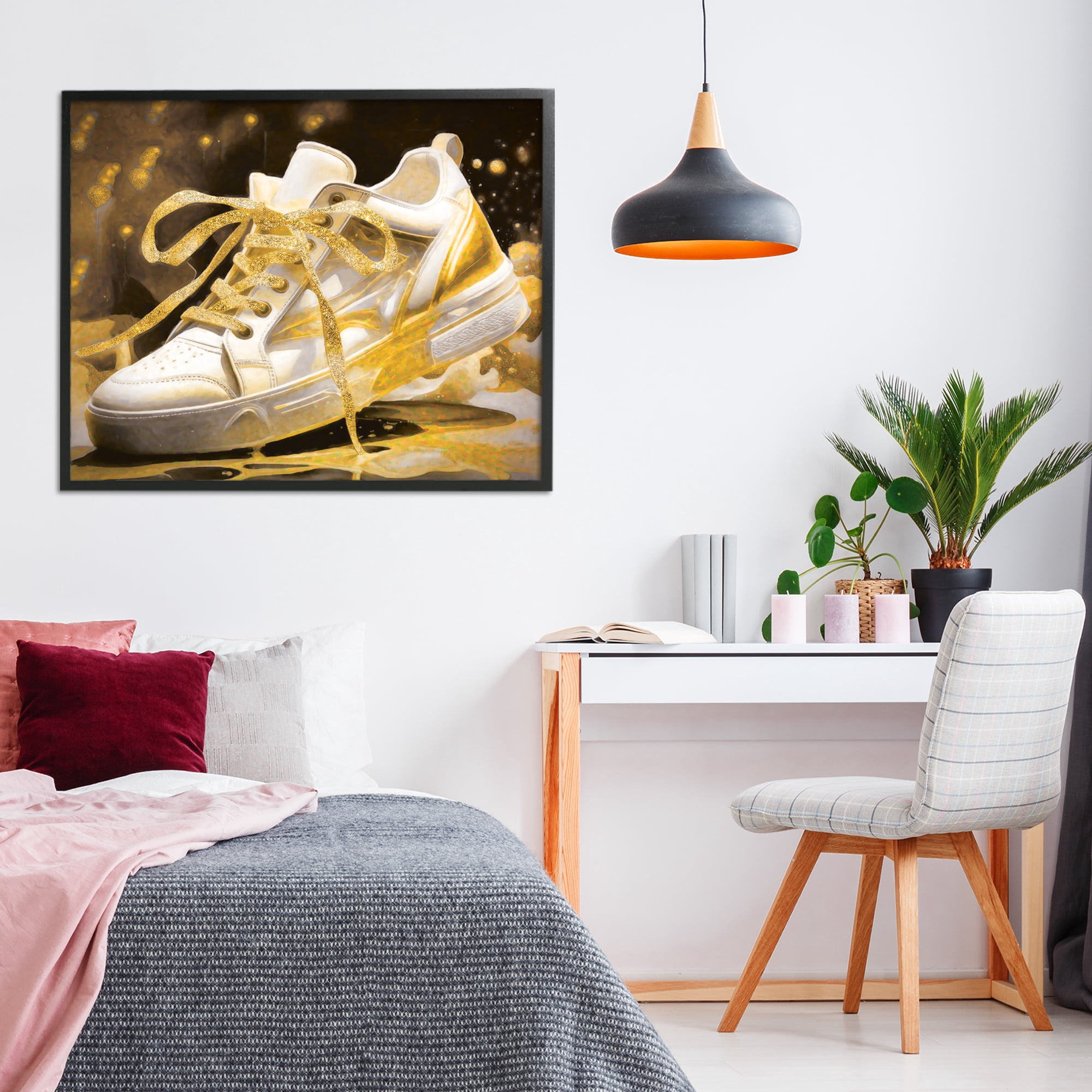 Stupell Industries Splashy Gold Sneaker Black Framed Giclee Art, design by Grotto Studios