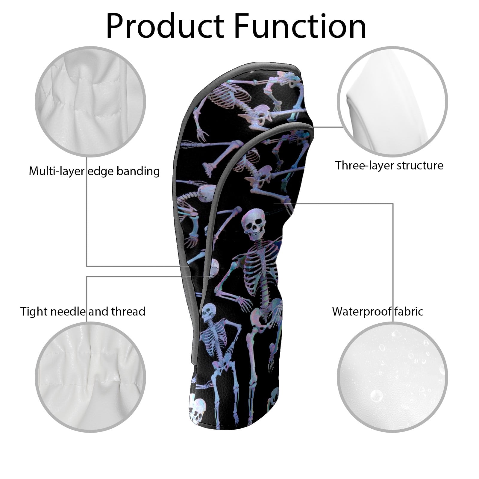 Golf Club Covers, Black Skeleton Premium PU Leather Driver Hybrid Putter Head Covers with Velvet Lining, Waterproof Golf Gifts for Men Women