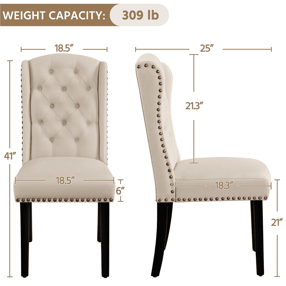 Alden Design 2pcs Upholstered Tufted Dining Chairs with Wing Design for Kitchen, Beige