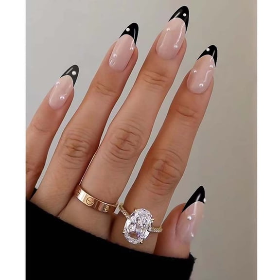 French Tip Press on Nails Medium Acrylic Nails with Pearls Black Press on Nails Almond Fake Nails