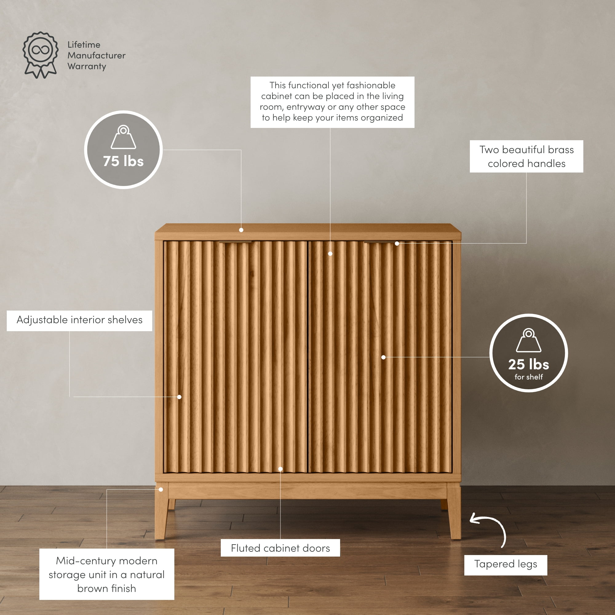 Nathan James Jasper Modern Sideboard, Kitchen Storage Cabinet with Fluted Doors, Accent Storage for Kitchen or Living Room, Warm Pine