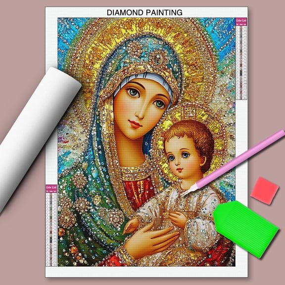 Religious Diamond Painting Kit, 5D Full Round Drill, Virgin Mary and Baby Jesus, 30x40 cm, Home Decor [Unframed]