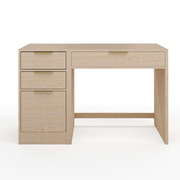 Martha Stewart Home Office Modular Single-Drawer Desk with 3 Drawer File Cabinet in Light Natural with Brushed Gold Hardware