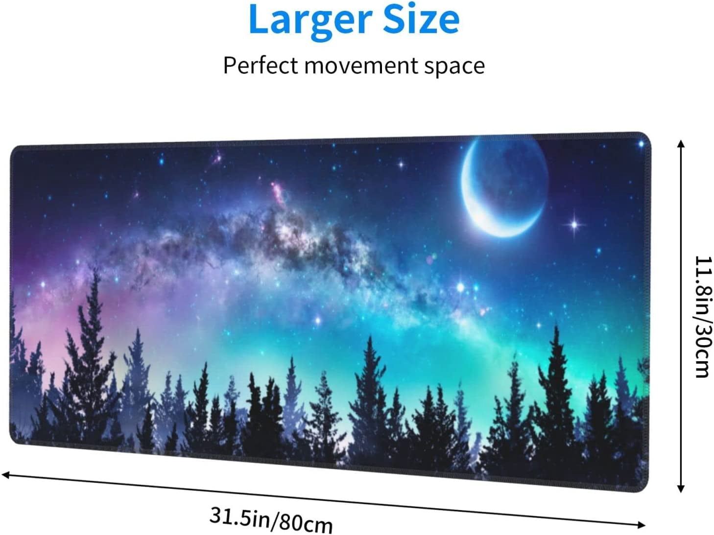 Galaxy XL Large Gaming Mouse Pad, Full Desk Mousepad with Milky Way and Moon in Night Forest, Extended Big Computer Mat for Desk, Non Slip Long Deskpad for Men Office (Blue, 31.5*11.8 in)