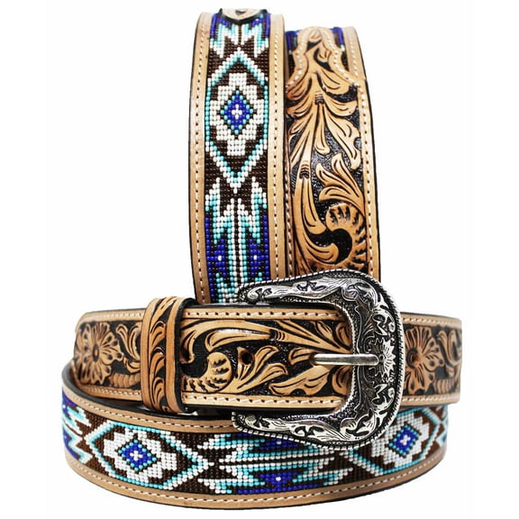 30 Men's 1-1/2" Wide Tan Leather Floral Tooled Casual Jean Beaded Belt 26FK33