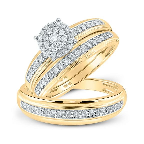 10K Yellow Gold His Hers Round Diamond Halo Matching Wedding Set 1/2 Cttw, Womens Size: 5-10, Mens Size: 7-13