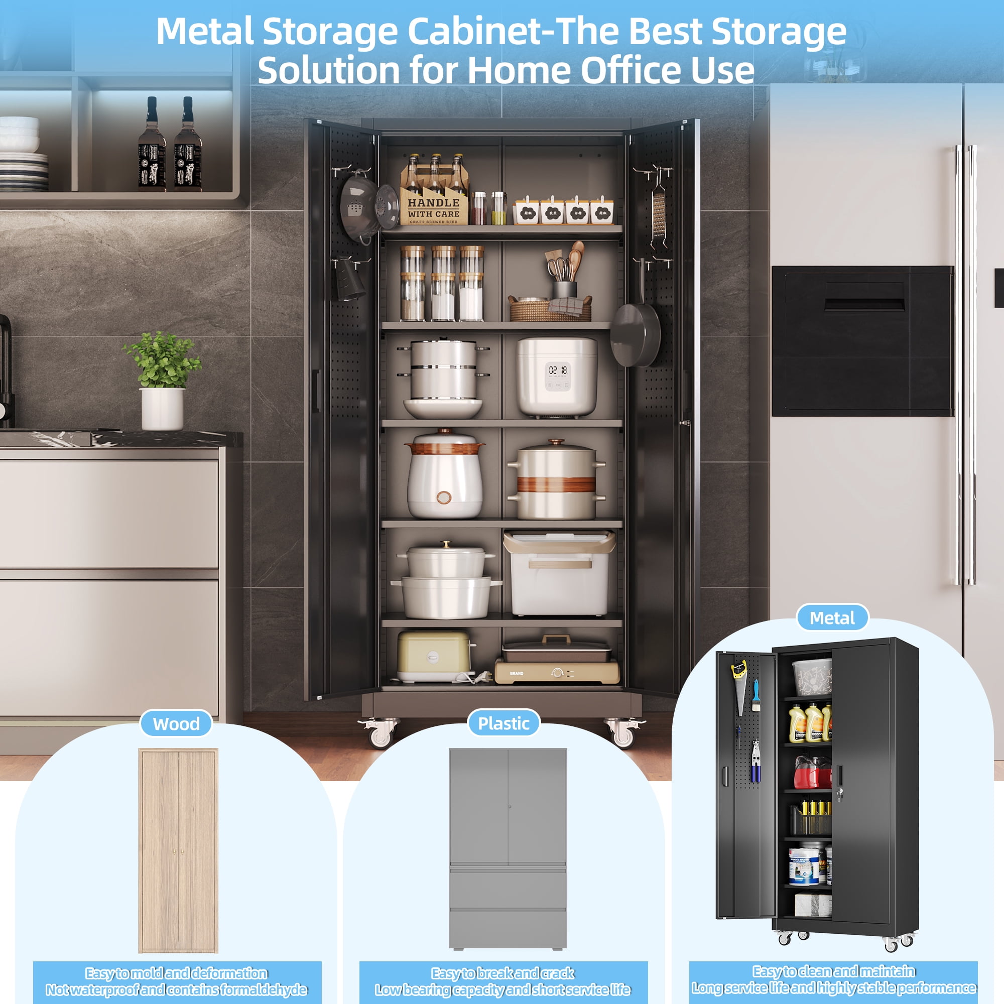 HUAXRON 71 inches Tall Metal Rolling Garage Storage Cabinets with Locking Doors and 5 Adjustable Shelves, Metal Storage Cabinet for Garage, Office, Home, Classroom, Assemble Required(Black)
