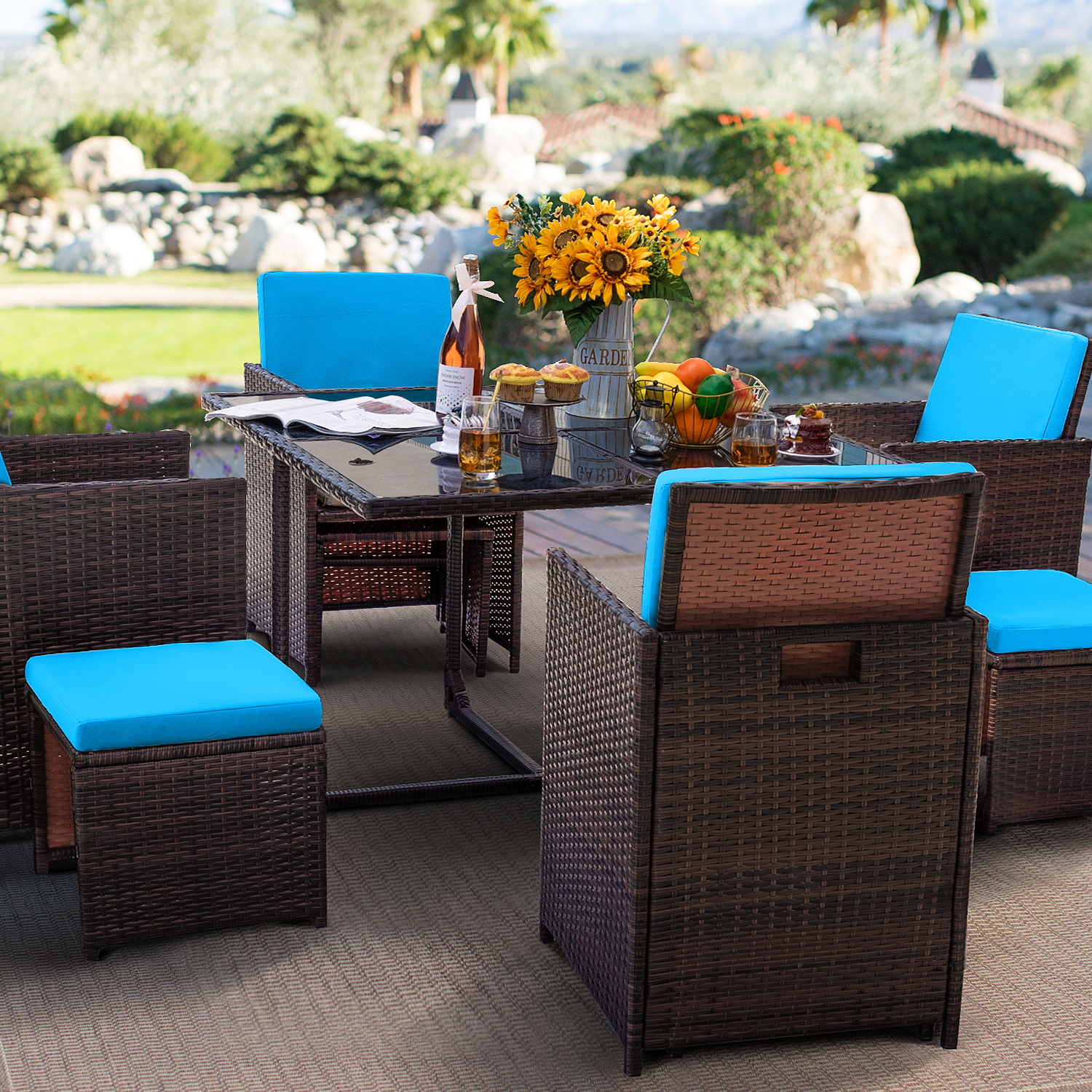 Lacoo 9 Pieces Patio Indoor Dining Sets Outdoor Furniture Patio Wicker Rattan Chairs and Tempered Glass Table Sectional Set Conversation Set Cushioned with Ottoman, Blue, 8 - image 3 of 7