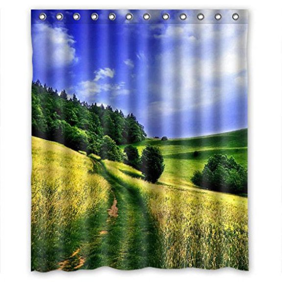 HelloDecor Green Fresh Field Shower Curtain Polyester Fabric Bathroom Decorative Curtain Size 60x72 Inches