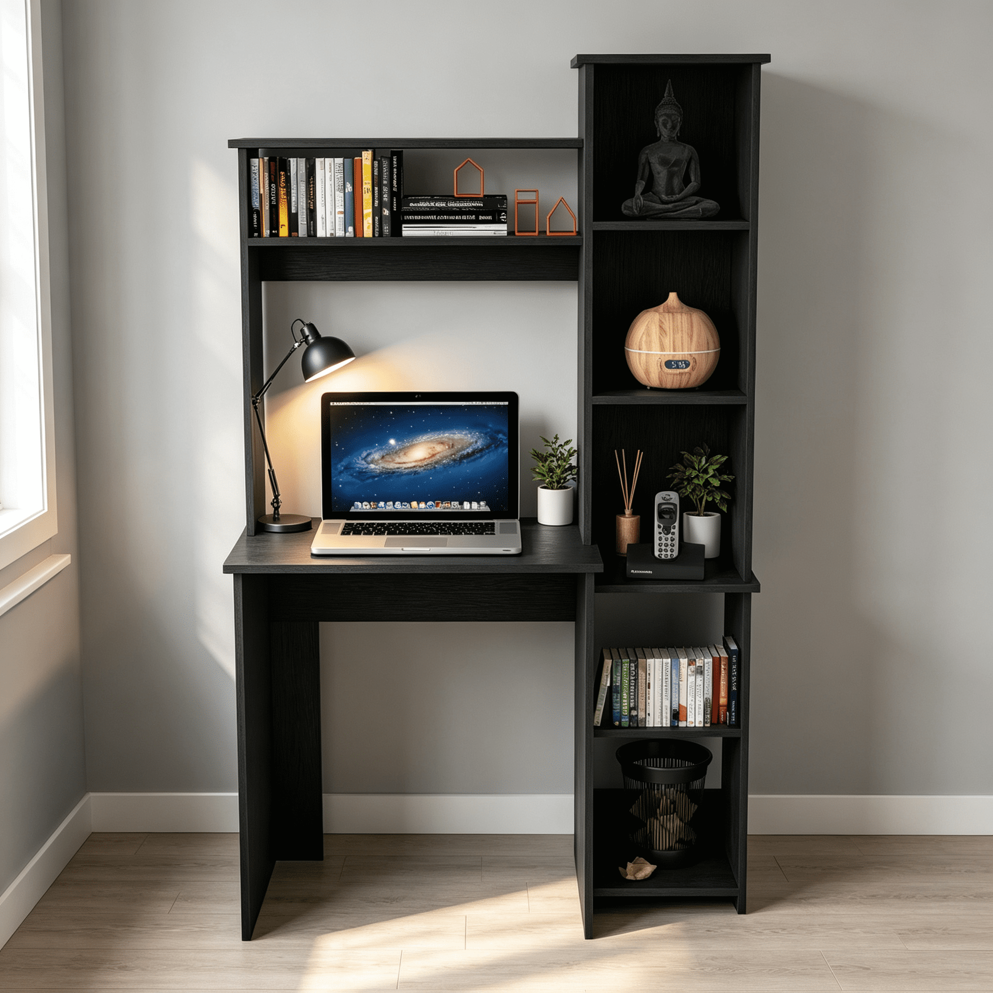 Astoutdoor Versalles Writing Desk with Two Shelves and Five Cubbies, Black