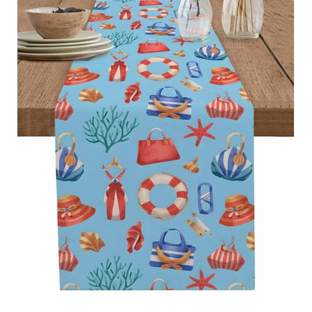 

Table Runner Summer Colorful Tropical Plant Starfish Coral Swimming Ring Table Runners Dresser Scarves Holiday Kitchen Dining Table Decoration for Home Party Indoor 13x70 Inch