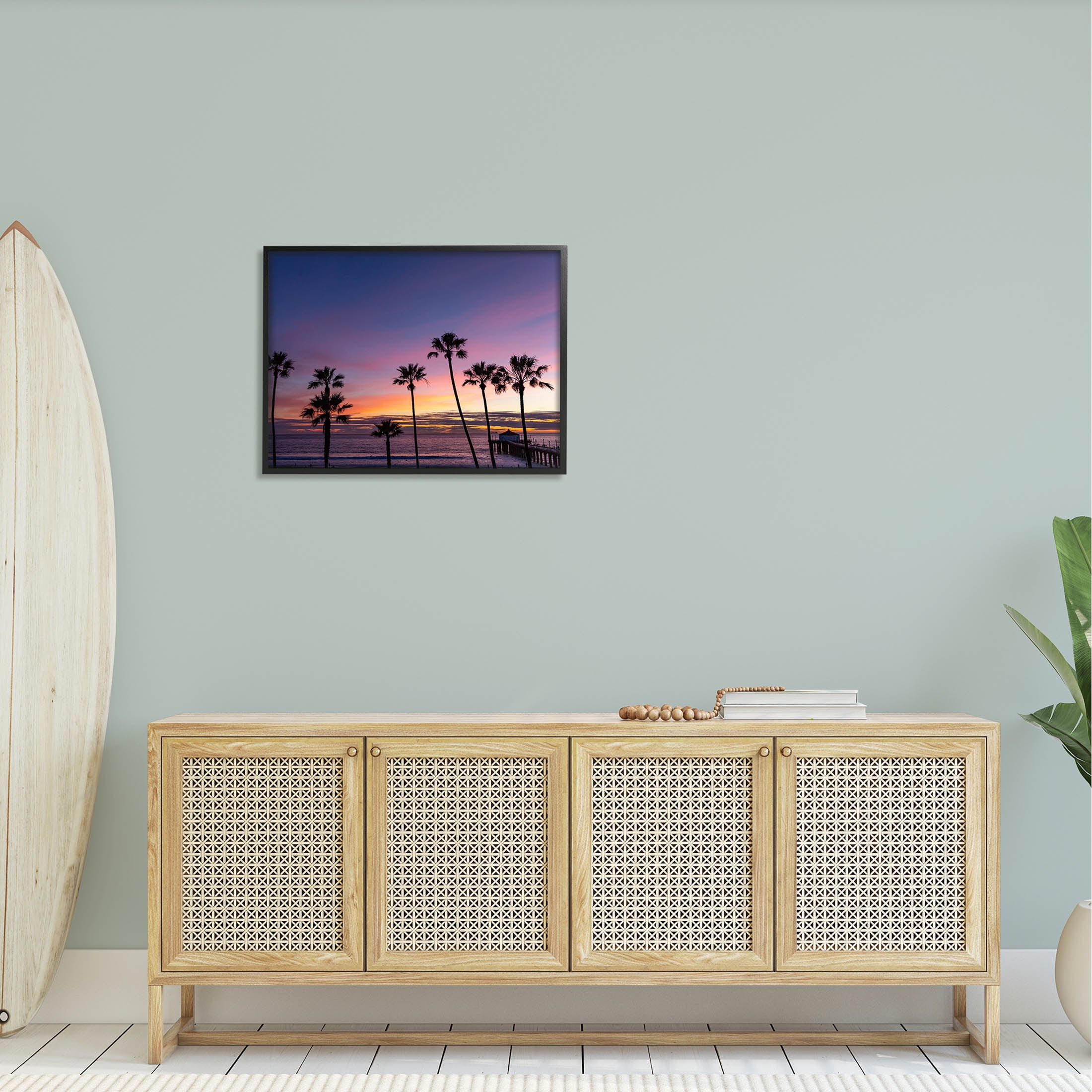 Vivid Sunset Palm Trees Horizon Coastal Photograph Black Framed Art Print Wall Art