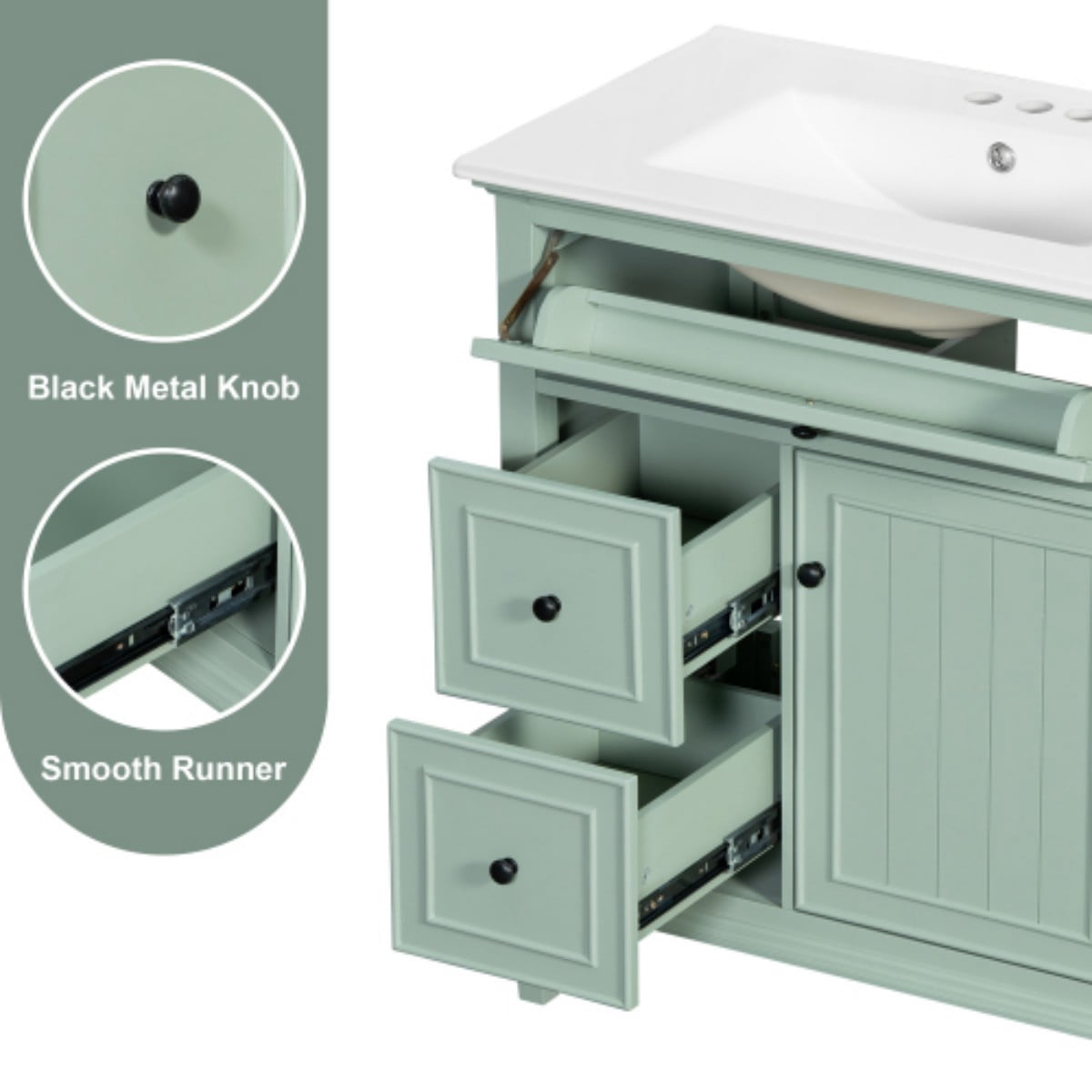 30" Bathroom Vanity with Sink, Modern Bathroom Cabinet with Ceramic Vanity Sink, Solid Wood & MDF Storage Cabinet with Flip Drawer, Adjustable Shelf, Green
