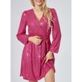 thumbnail image 2 of Diconna Robe Courte à Paillettes pour Femme, Paillettes, Manches Longues, Portefeuille, Col en V, Ceinturée, Robe de Fête, Robe Trapèze, 2 of 9