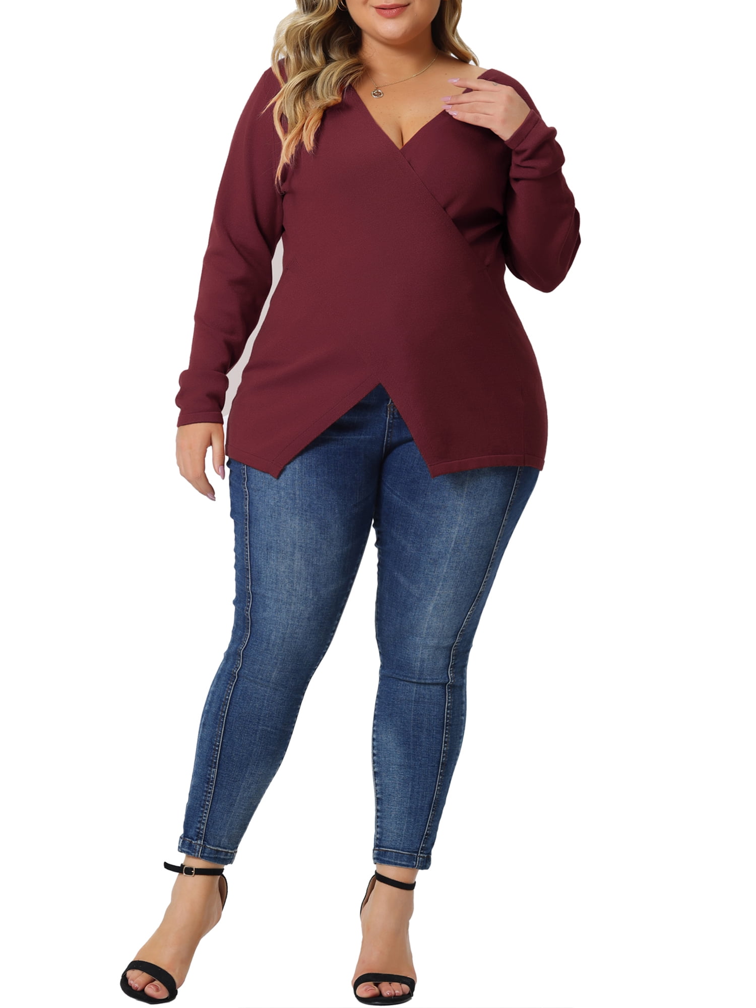 Unique Bargains Women's Plus Size Knitted Deep V Neck Wrap Criss Cross Cable Knit Sweater 2X Red