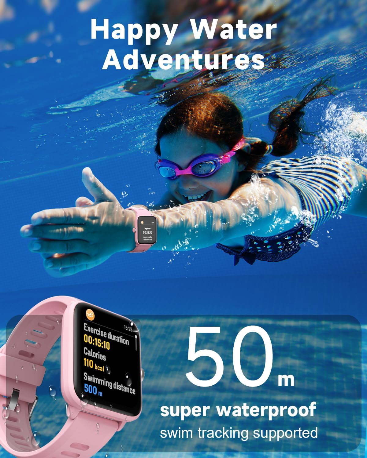 BIGGERFIVE Kids Smart Watch, 1.5''HD Touchscreen Fitness Tracker for Girls Boys, 5ATM Waterproof, Black