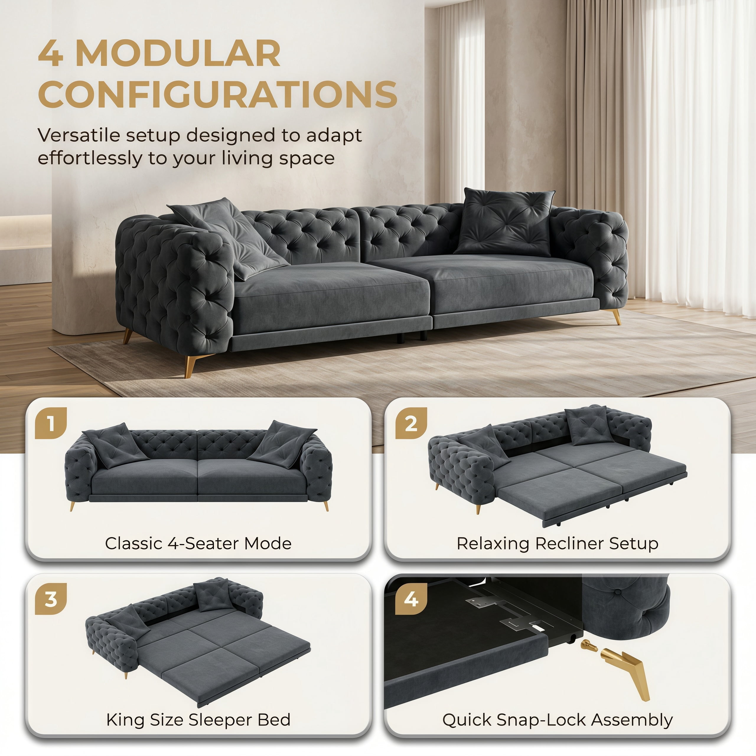 3-in-1 Velvet Sleeper Sofa Bed, 97.7" Modern Button Tufted Convertible Pull Out Couch with Gold Metal Legs & Deep Seat for Living Room, Drak Gray