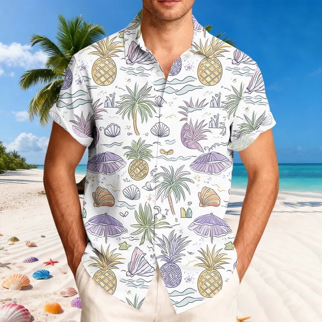 Ceisia Men's Hawaiian Tropical Hand-Drawn Print Short Sleeve Shirt | White Casual Button Down Beach Top Gifts