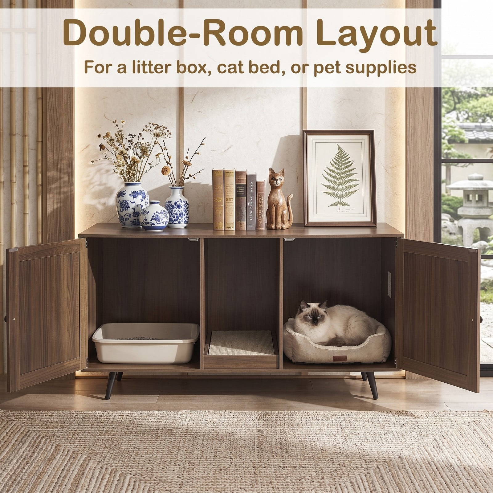 ALPULON Double Cat Litter Box Enclosure for 2 Cats, Wooden Hidden Cat Washroom Furniture with Scratching Pad and Double Rooms, Enclosed Kitty House Side Table, Walnut