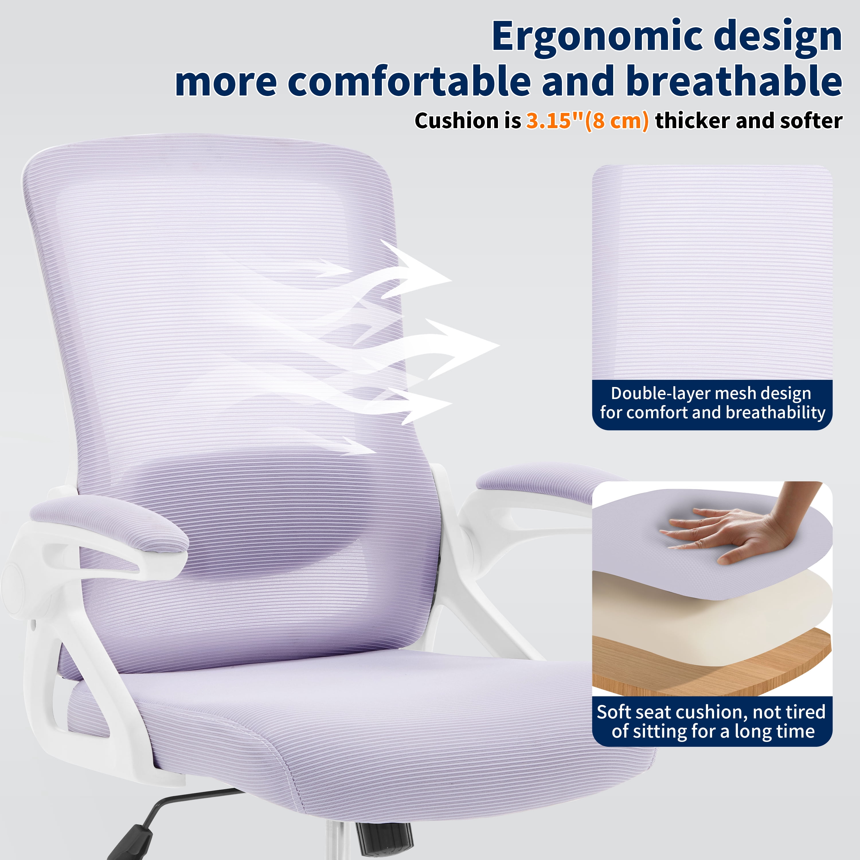 Nexthro Ergonomic Office Chair, Desk Chair with Adjustable Lumbar Support, Breathable Mesh Comfy Computer Chairs with Flip-up Armrests Executive Task Chair for Adults Home Office(Lavender)