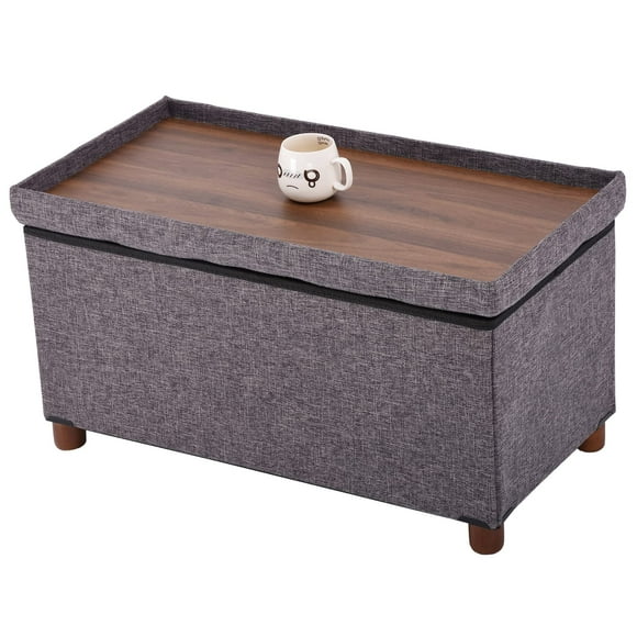Ao Lei 30 Inches Storage Ottoman Bench, Storage Bench with Wooden Legs for Living Room Ottoman Foot Rest Removeable Lid for Bedroom End of Bed, Linen Fabric, Folding Grey Ottoman
