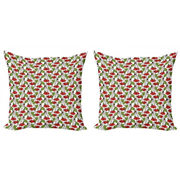 Floral Throw Pillow Cushion Cover Pack Of 2 Close Up View Of Blooming Poppy Flowers And Leaves Zippered Double Side Digital Print 4 Sizes Vermilion Lime Green By Ambesonne Walmart Com Walmart Com